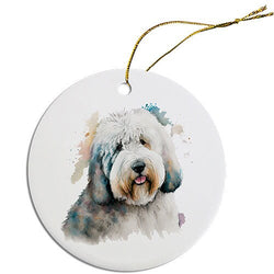 Dog Breed Specific Round Christmas Ornament, "Old English Sheepdog"