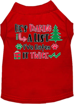 Christmas Dog Shirt for Pets 20-115 Pounds, "He's Making A List, I've Eaten It Twice"