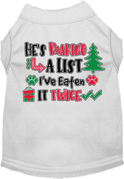 Christmas Dog Shirt for Pets 20-115 Pounds, "He's Making A List, I've Eaten It Twice"