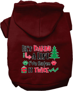 Christmas Dog Hoodie for Pets 20-115 Pounds, "He's Making A List, I've Eaten It Twice"