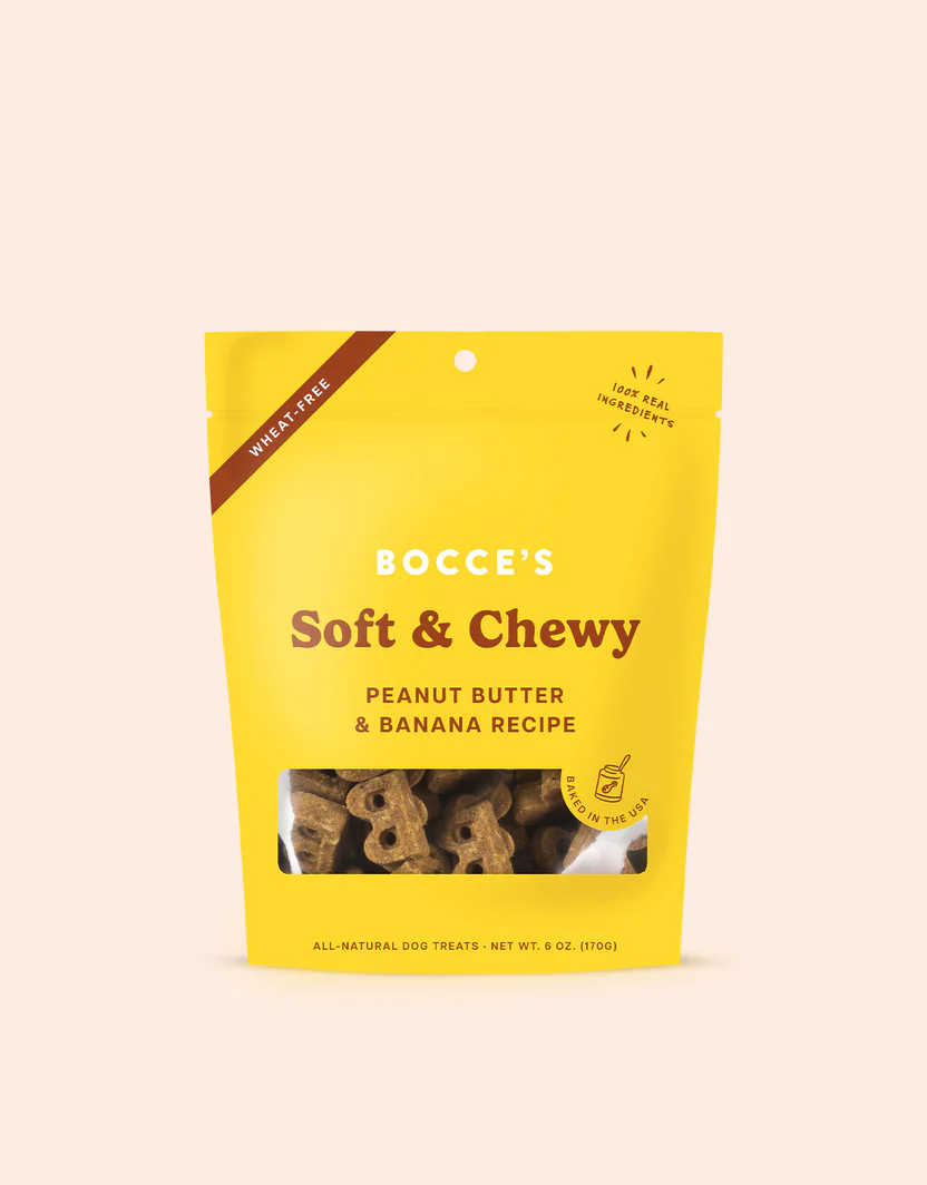 Golosinas para perros de plátano y mantequilla de maní suaves y masticables Bocces de 6 oz