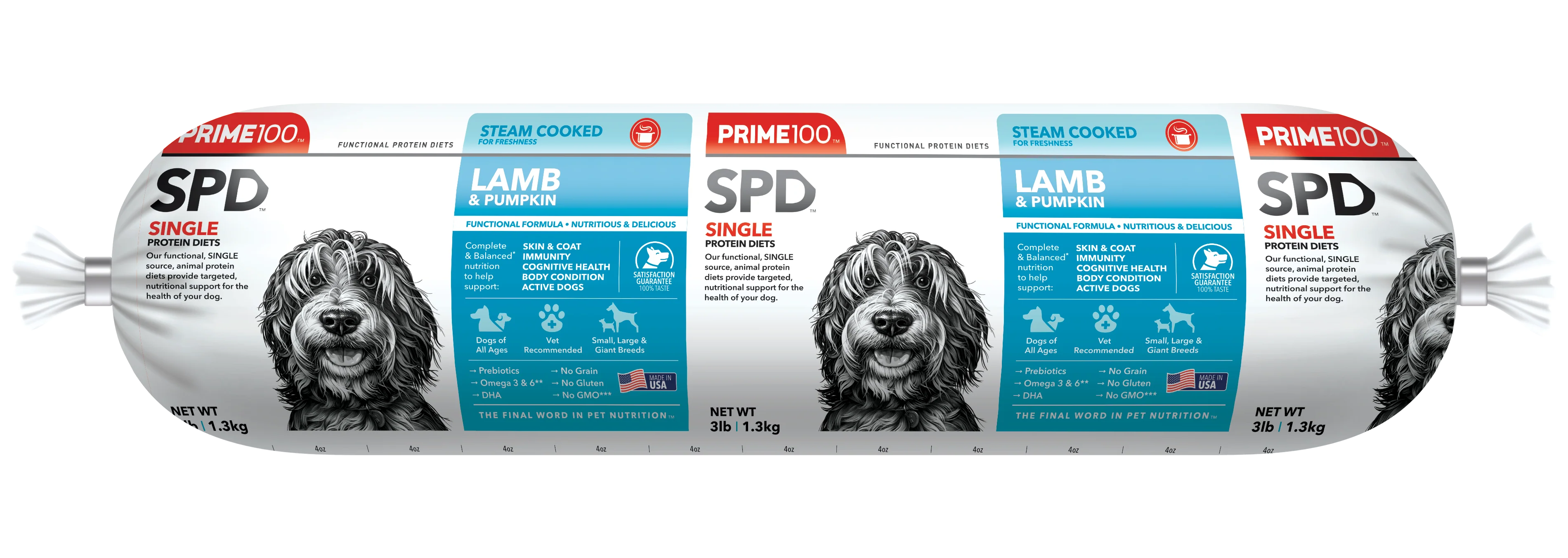 1 lb PRIME100 All Life Stages Dieta de proteína única Cordero y calabaza sin cereales Alimento para perros suavemente cocido al vapor