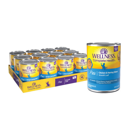 5.5oz Wellness Complete Health Alimento húmedo para gatos con paté de pollo y arenque para adultos