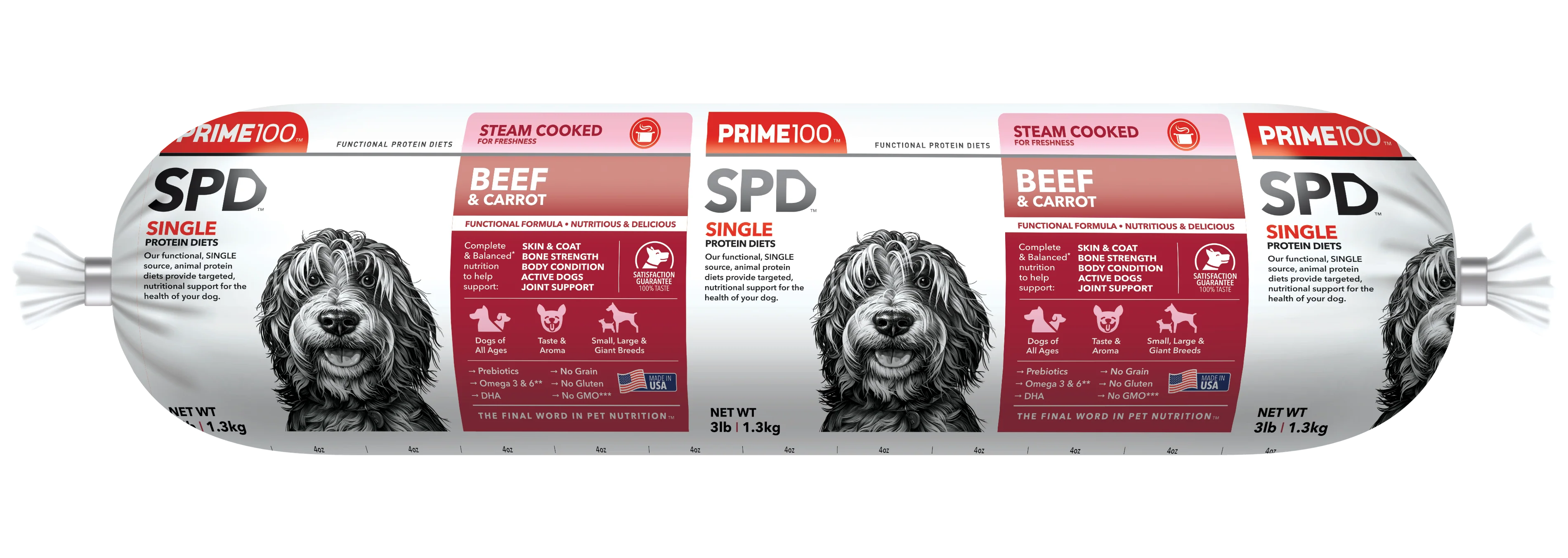 3lb PRIME100 All Life Stages Dieta de proteína única sin cereales, carne de res y zanahoria, alimento para perros suavemente cocido al vapor