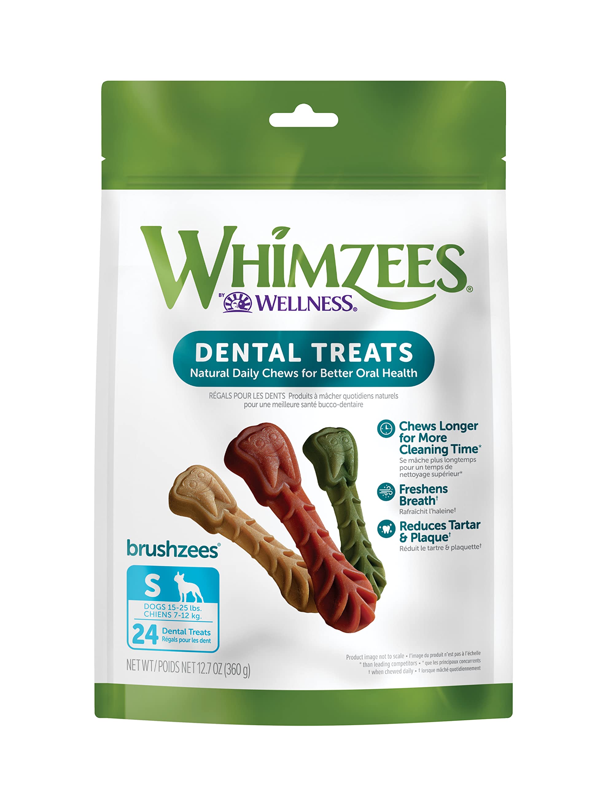 12.7oz Valuebag Whimzees Brushzees pequeñas golosinas dentales diarias para perros 3.4