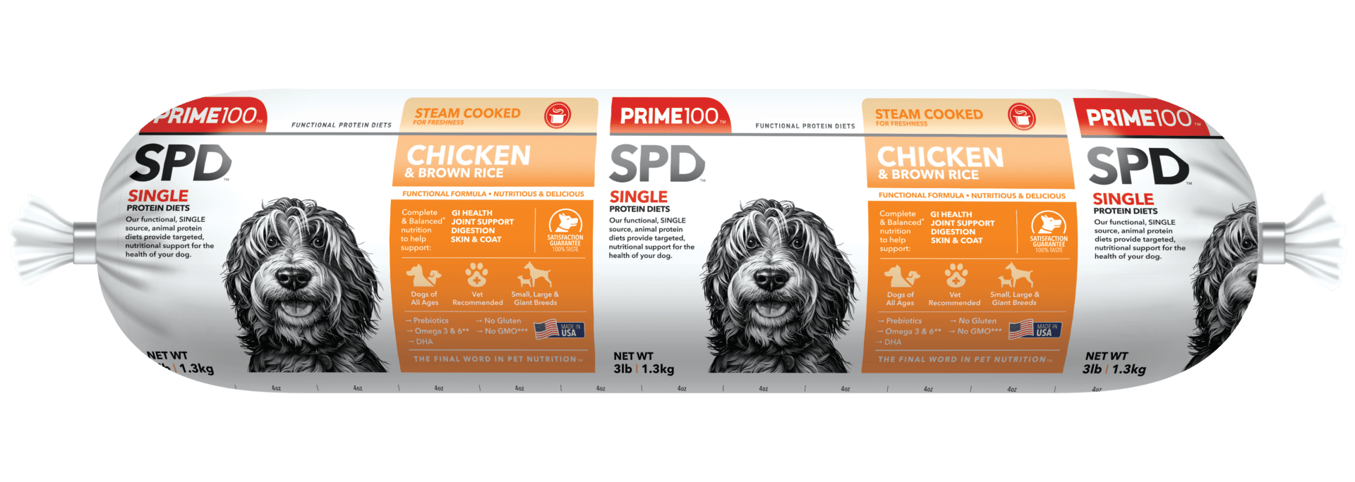 Rollo de comida para perros PRIME100 All Life Stages, con una sola proteína, sin cereales, con pollo y arroz integral, 3 lb