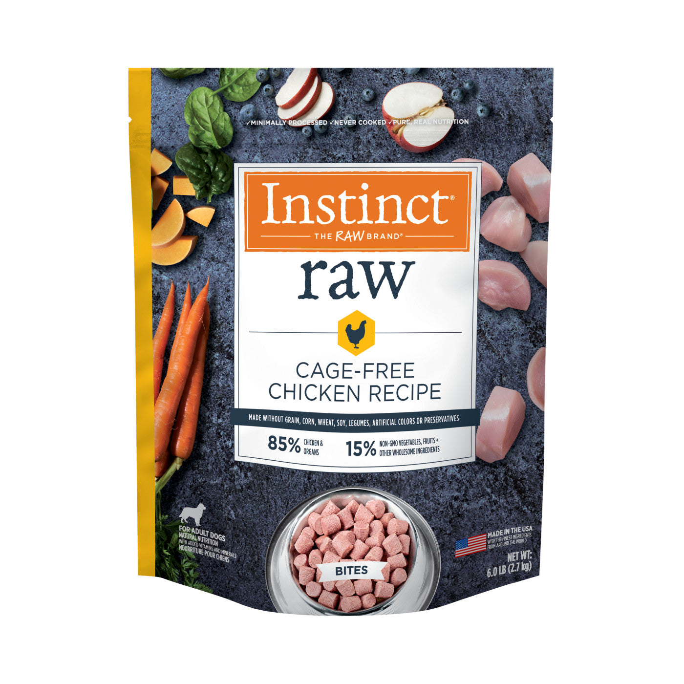 3lb Instinct Adult Frozen Raw Bites 85% Receta de pollo Comida congelada para perros