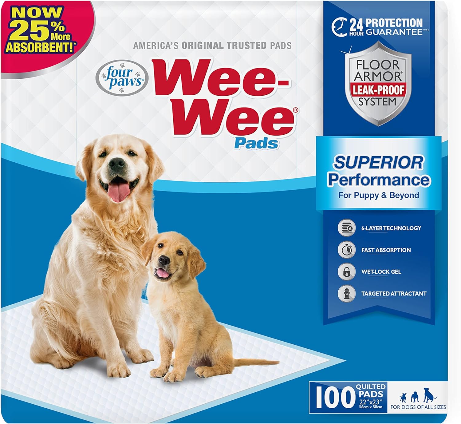 Paquete de 100 almohadillas súper absorbentes Four Paws Wee-Wee® con borde Insta-Rise®