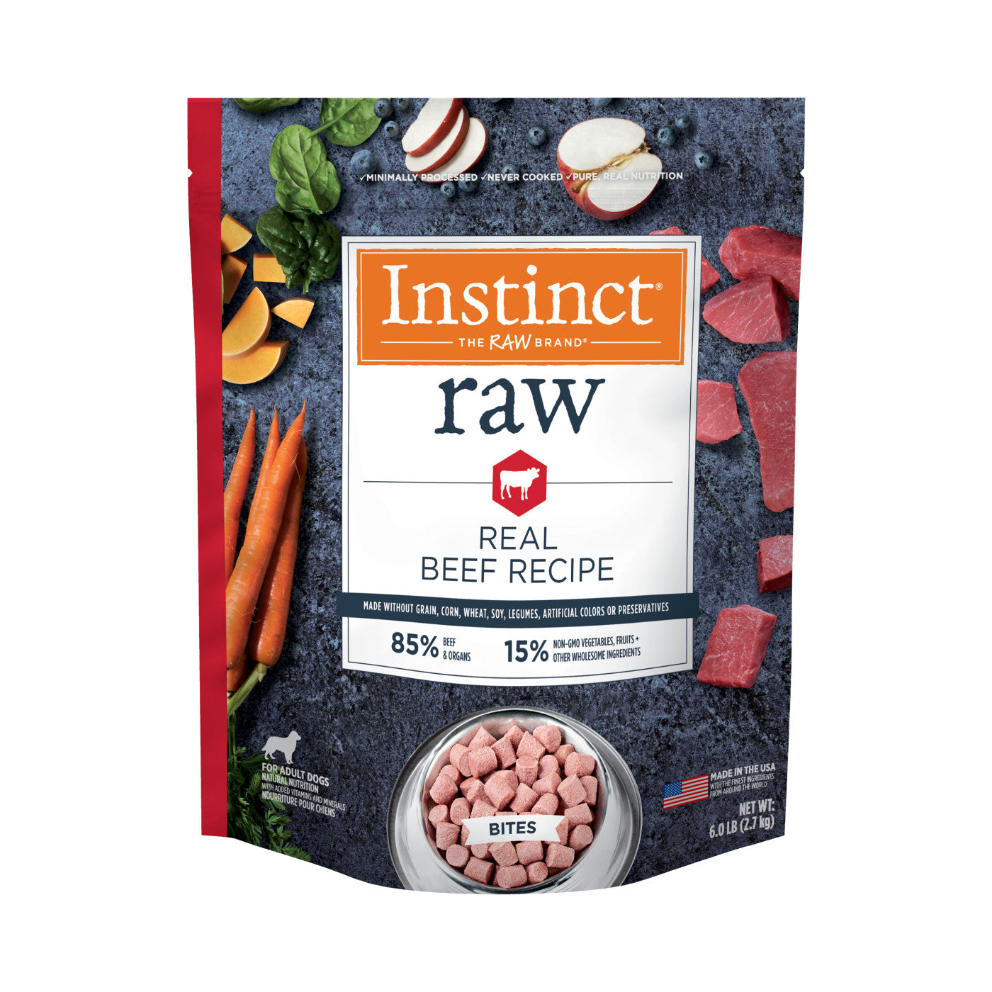 3lb Instinct Adult Frozen Raw Bites 85% Receta de carne de res Comida congelada para perros