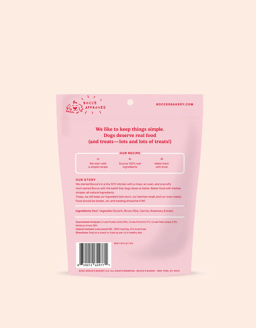 Barra de cecina para perros Bocce's Beef and Carrot Grazers de 4 oz