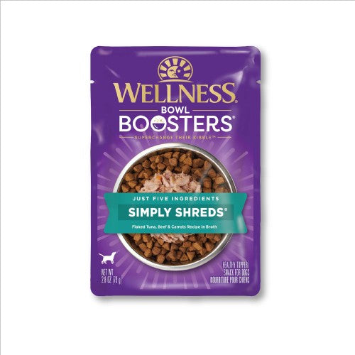 Wellness Bowl Boosters de 2.8 oz simplemente tritura atún desmenuzado, carne de res y zanahorias como adorno para comida para perros