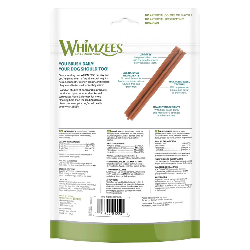 14.8 盎司超值装 Whimzees Stix 小型日常狗狗洁牙零食 4.7 英寸