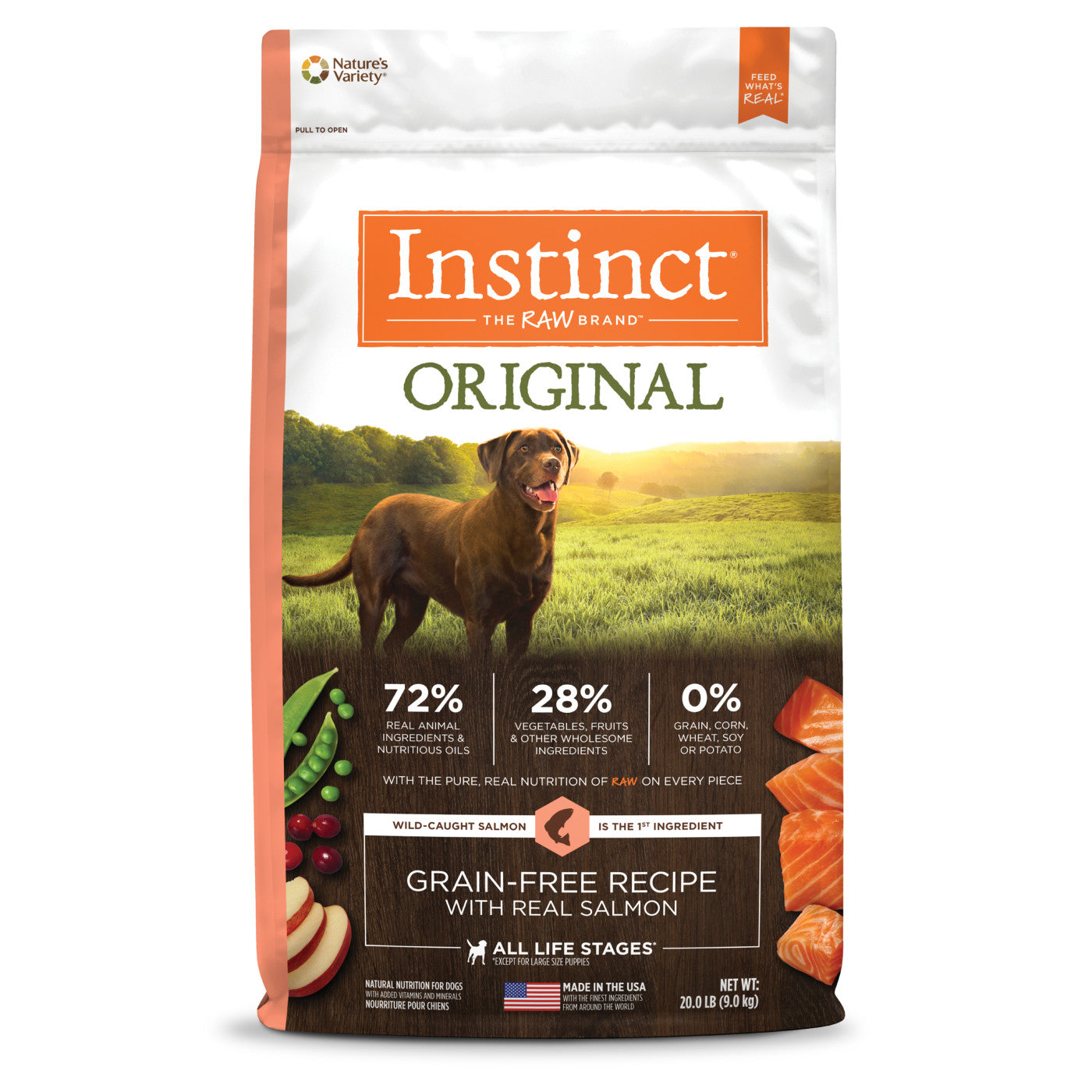 Alimento seco para perros con salmón original sin cereales Instinct Adult de 20 lb