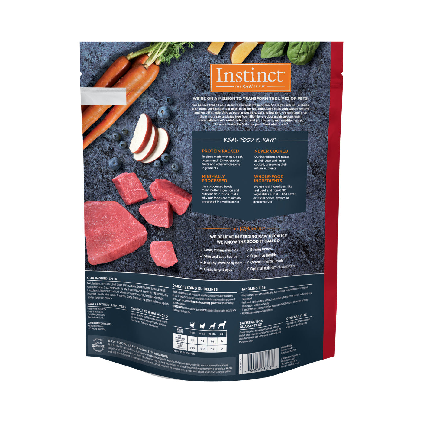 3lb Instinct Adult Frozen Raw Bites 85% Receta de carne de res Comida congelada para perros