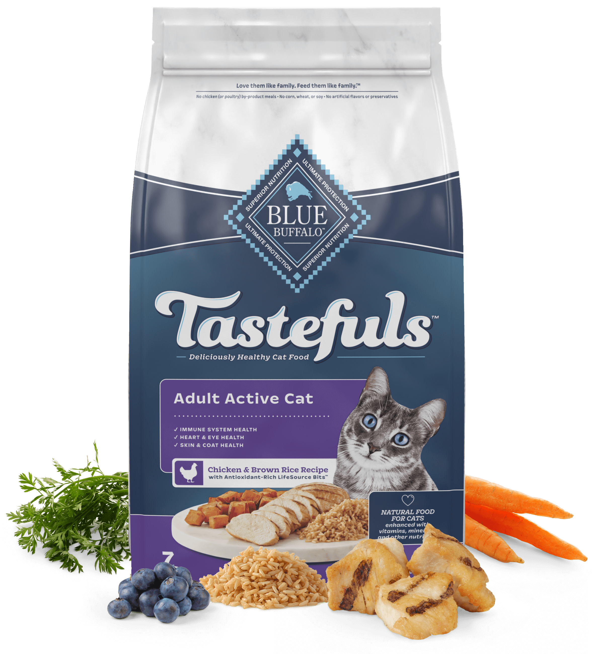 3lb Blue Buffalo Blue Tastefuls Active Adult Cat Receta de pollo y arroz integral Alimento seco para gatos