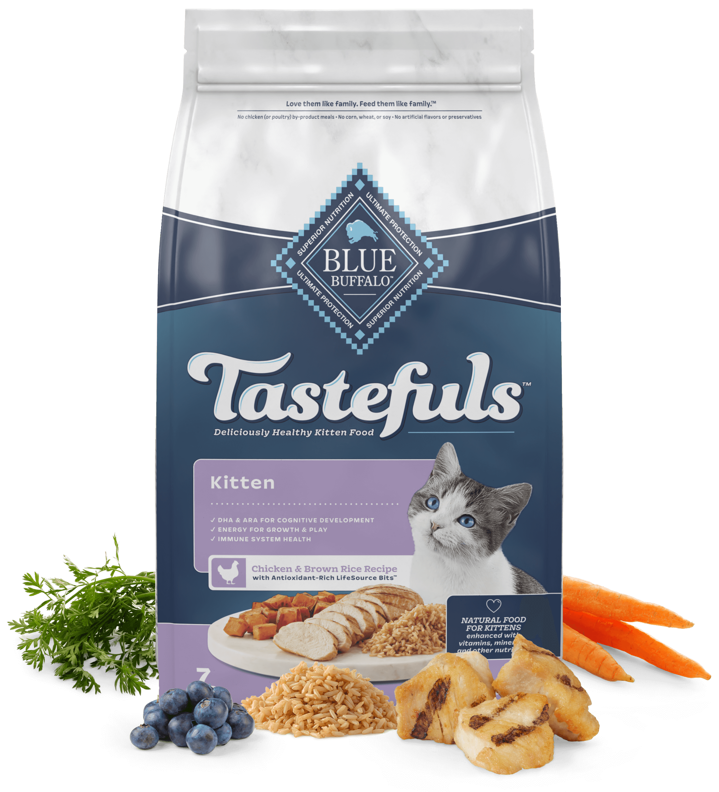 Alimento seco para gatos Blue Buffalo Blue Tastefuls Kitten con receta de pollo y arroz integral, 3 lb