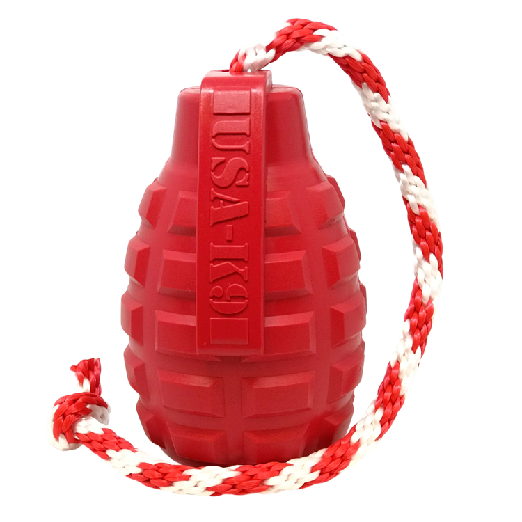 USA-K9 Grenade Durable Rubber Chew Toy, Treat Dispenser, Reward Toy, Tug Toy, and Retrieving Toy