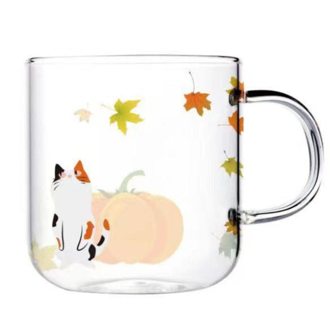 Glass Cat Mug | Fall Leaves and Pumpkin Design