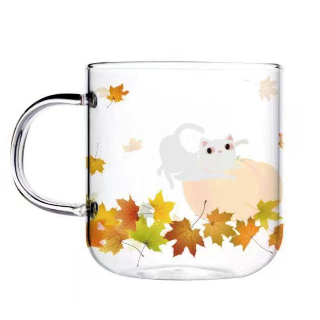 Glass Cat Mug | Fall Leaves and Pumpkin Design