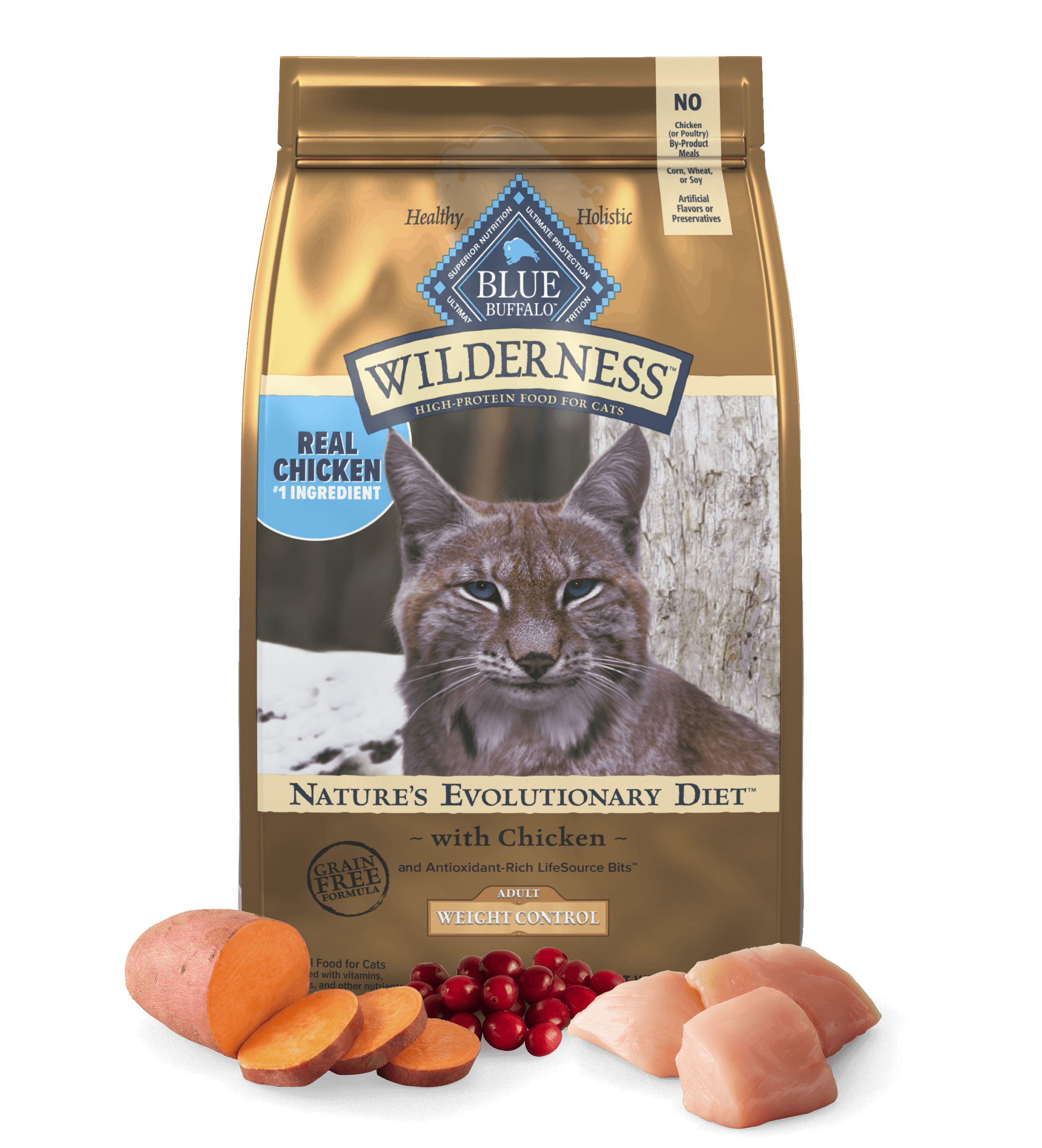 Alimento seco para gatos con pollo y control de peso, sin cereales, para adultos, Blue Buffalo Wilderness, 5 lb